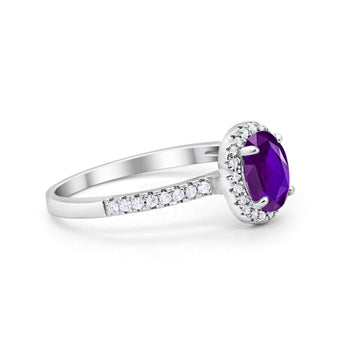 Halo Oval Engagement Ring Simulated Amethyst CZ 925 Sterling Silver